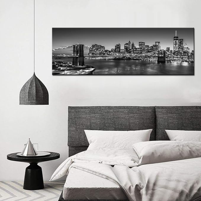 Biuteawal - Black and White Brooklyn Bridge Canvas Wall Art New York City Picture Print Manhattan Night Skyline Painting on Canvas Modern Home Office Wall Decoration Ready to Hang