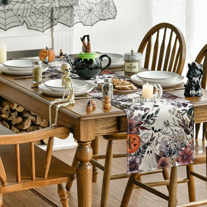 Artoid Mode Jack-O'-Lantern Pumpkin Floral Ghost Halloween Table Runner, Eucalyptus Kitchen Dining Table Decoration for Home Party Decor 13x36 Inch