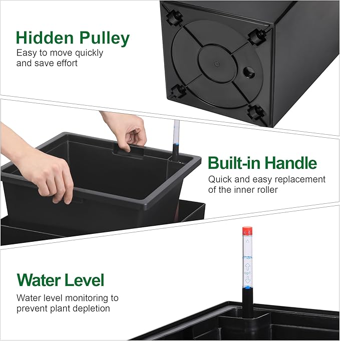 30" Tall Planters Set of 2, Outdoor＆Indoor Black Planter Pots, High Front Porch Planter Pots with Drainage Holes＆Water Level Monitor Movable Wheels ＆Inner Bucket, Automatic Watering,Black