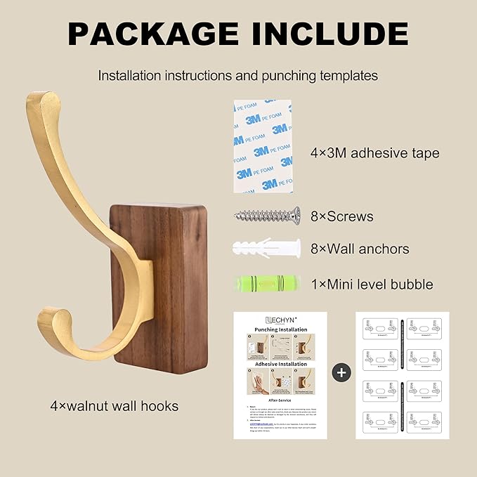 4 Pack Wooden Wall Hooks for Hanging, Adhesive Mounted & Wall Mount Nature Wood Coat Hook for Towel Clothes Blanket Hat Backpack Robe Nursery Door Board Entryway Key Holder Brushed Gold