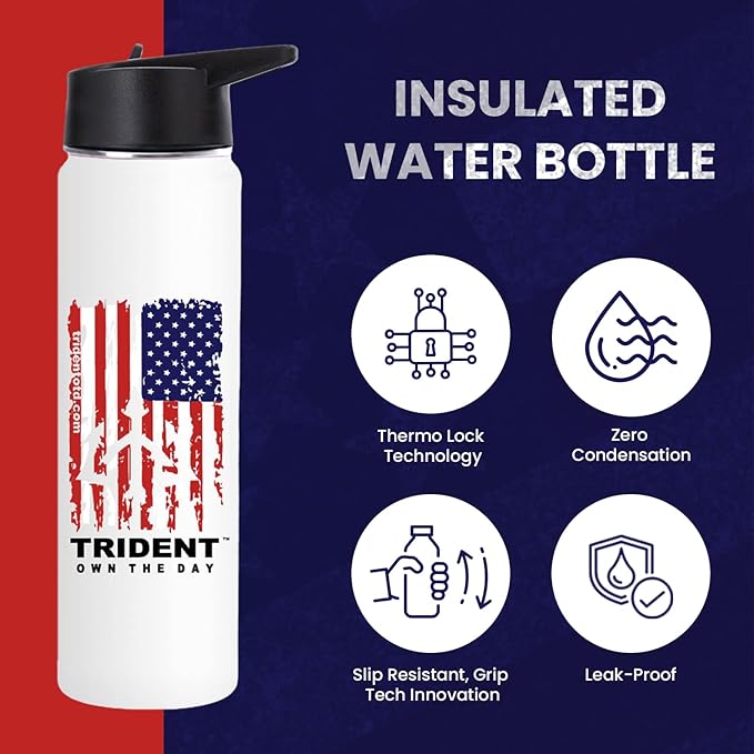 American Flag Water Bottle, 21 oz Insulated Water Bottle, Reusable Water Bottle with Straw, Leak Proof Water Bottles, Thermos Water Bottle - Retired Navy Combat Vet Small Business (White, 21 Oz)