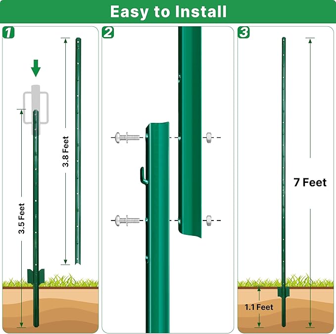 ARIFARO Sturdy Duty Metal Fence Posts 7 Feet assemblable,Pack of 10, No Digging Garden U Post for Wire Fencing Steel Poles for Yard, Outdoor
