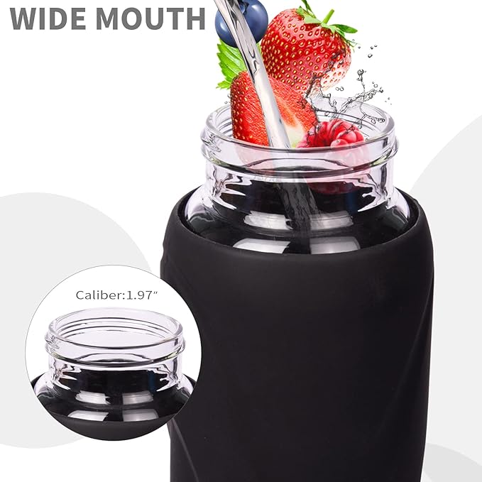 32 oz Sports Glass Water Bottle with Straw & Silicone Sleeve Reusable BPA-free Borosilicate Glass Drinking Bottle with Flip Top Lid & Handle Wide Mouth (Deep Black)
