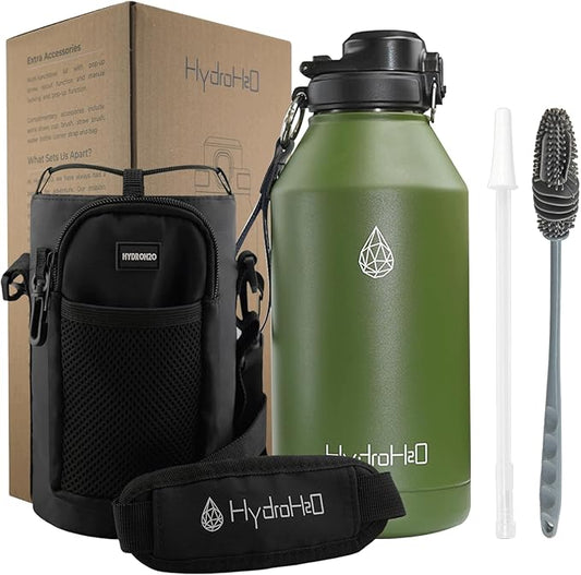 64 oz Insulated Water Bottle With Straw Pop-up & Auto Spout Lid, Flex Handel, Waterbottle Strap Carrier, Half Gallon Stainless Steel Water Hydro Jug Thermo Flask(Chive Green)