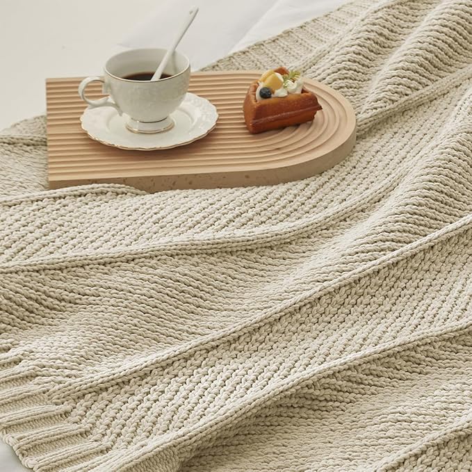 Amélie Home Chenille Knit Throw Blanket for Couch, Chevron Texture Decorative Soft Blanket for Sofa, Bed & Chair, 50"x60", Beige