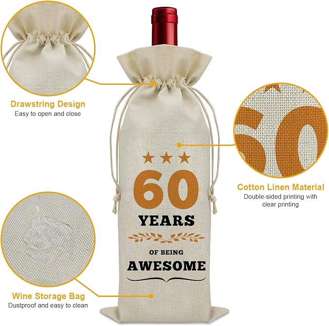 60th Birthday Gifts for Women Men Wine Bag 60 Year Old Birthday Gifts for Her Him 60 Year Work Anniversary Decorations Wine Bottle Decoration Bag Born in 1964 Wine Accessories Gifts for Wine Lovers