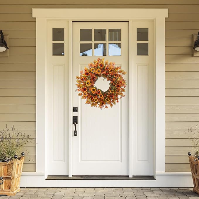 22 inch Artificial Fall Wreaths for Front Door,Autumn Wreath with Eucalyptus Leaves and Chrysanthemum Suitable for Indoor Outdoor Harvest Festival Thanksgiving Day Farmhouse Holiday Decor.