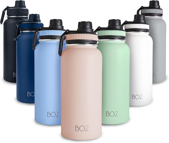 BOZ Stainless Steel Water Bottle - Vaccum Insulated Water Bottle 32 Oz - Wide Mouth BPA Free Sport Water Bottle for Gym with Spout Lid - Thermal Hot & Cold 1 Litre Pink Water Bottle