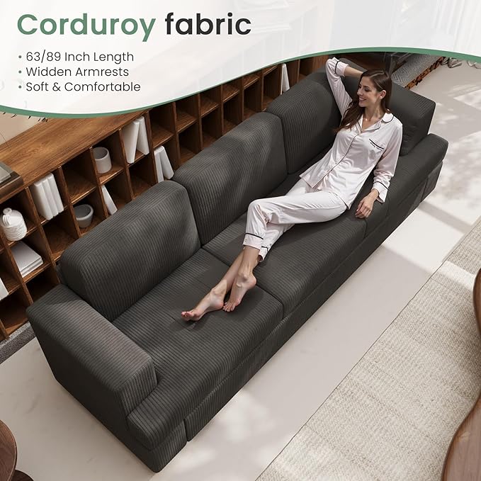 3 Pieces Corduroy Couch Set for Living Room, 8 Seats Cloud Sofa, Deep Seat Floor Couch for Bedroom, Futon Modern Sofa Sectional Bed, Black Corduroy