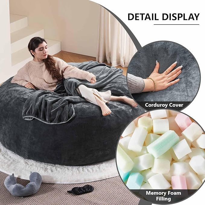 6FT,Oversized Bean Bag Chairs for Adults,Giant beanbag with Filler Included，Fluffy Memory Foam,Soft and Comfy Corduroy Fabric,Gaming Chairs Suitable for Living Room and Bedroom (Dark Gray, 6 Foot)