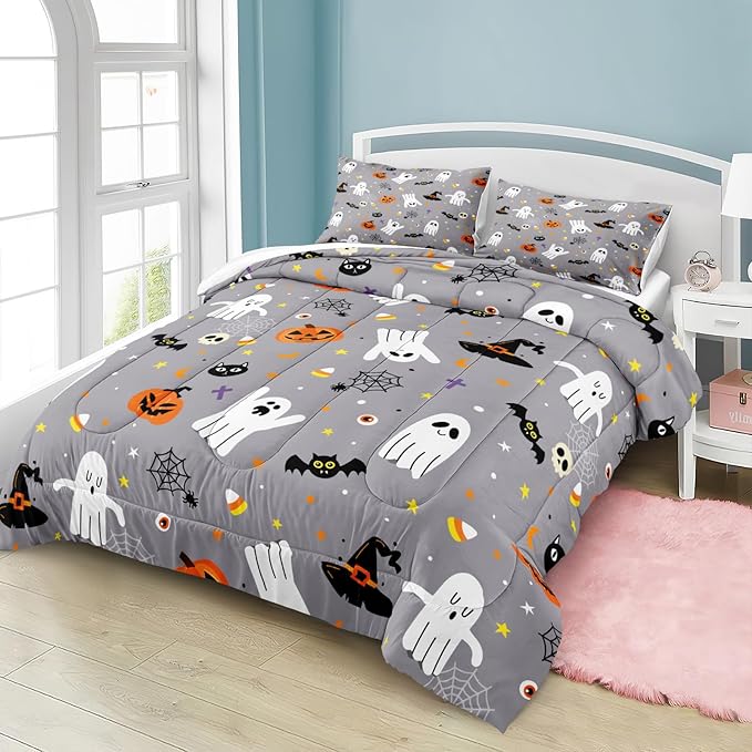 Bedbay Cartoon Pumpkin and Ghost Queen Comforter Set Halloween Cute Bedding Sets for Kids Boys Teen 4 Pcs Soft Lightweight Comforter Set with 1 Cushion Cover(Grey,Queen)