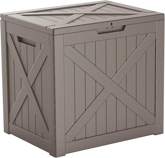 32 Gallon Resin Deck Box, Lockable Outdoor Storage Box for Patio Cushions Storage Furniture,Garden Tools, Pool Supplies, Weatherproof and UV Resistant (Grey X)