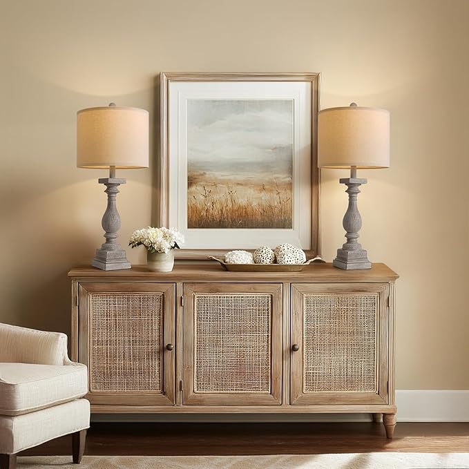 BOBOMOMO 27" Farmhouse Table Lamps with USB-A +C Ports, Vintage Rustic Lamps for Living Room, Linen Shade, Retro Side Table Lamps Set of 2 for Living Room,Bedroom,Night Stands,Office, Home Decor