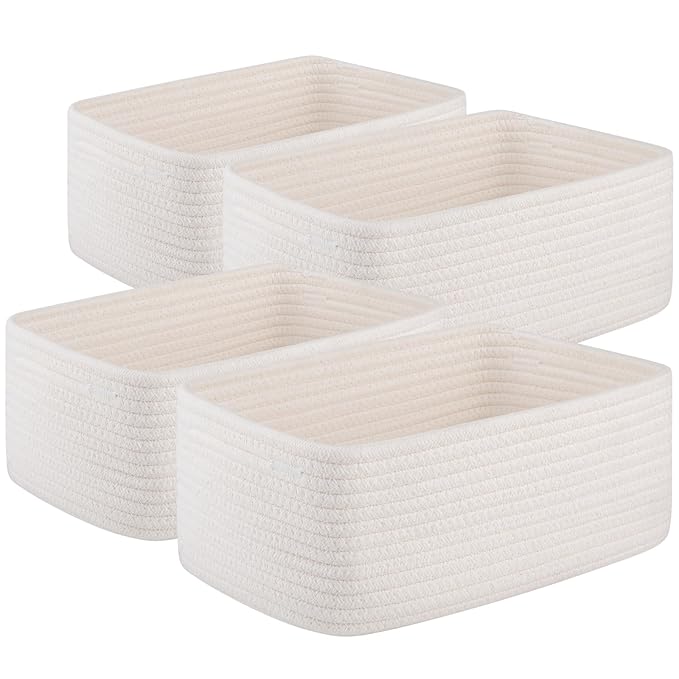 4 Pack Small Storage Shelf Baskets for Organizing, Mini Woven Rope Storage Bins for Towels, Cute Decorative Closet Organizer，Baby Nursery, Gift Empty Baskets -11.81''Lx7.87''Wx4.72''H-White