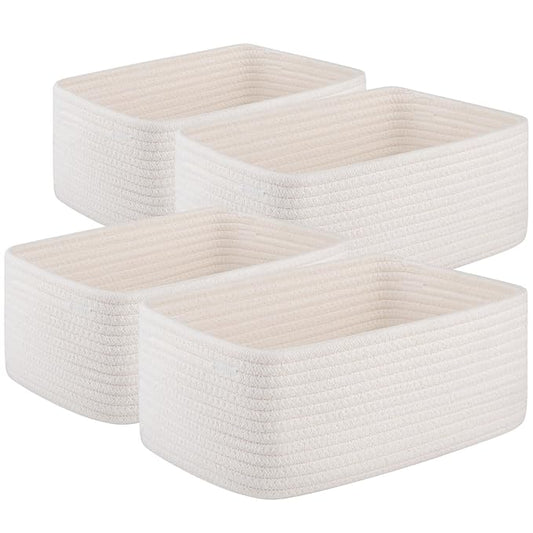 4 Pack Small Storage Shelf Baskets for Organizing, Mini Woven Rope Storage Bins for Towels, Cute Decorative Closet Organizer，Baby Nursery, Gift Empty Baskets -11.81''Lx7.87''Wx4.72''H-White