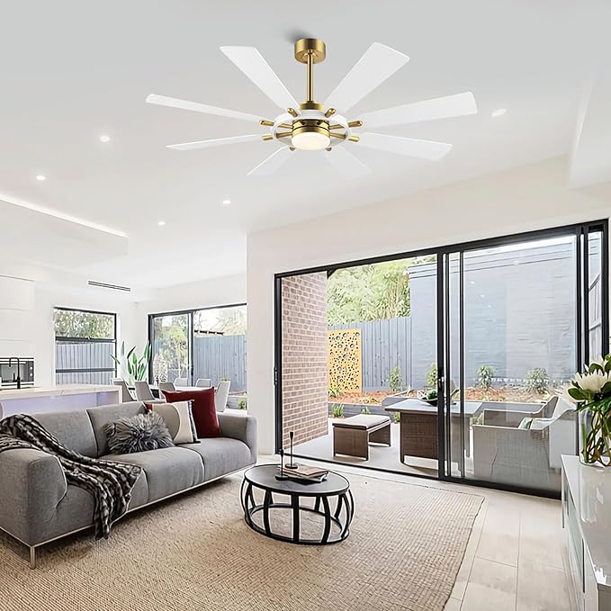 60" Ceiling Fan with Lights and Remote Control, Wood 8 Blades 6-Speed Noiseless Reversible DC Motor, Modern Large Ceiling Fan for Office Bedroom Dining Living Room, Gold Finish+White