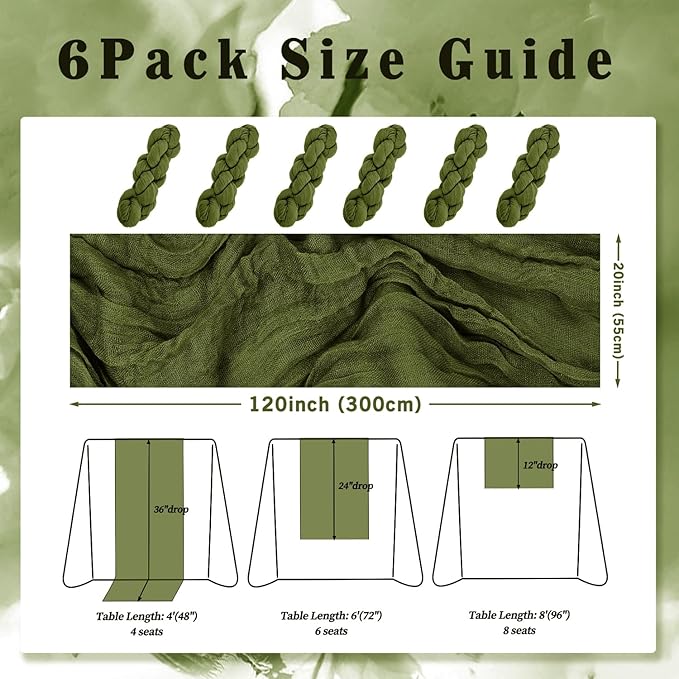 6 Pack Olive Green 10FT Cheesecloth Table Runner Rustic Gauze Cheese Cloth Table Runner for Wedding Bridal Baby Shower Table Decorations Boho Fabric Sheer Birthday Party Decor 20 x 120 Inch Long