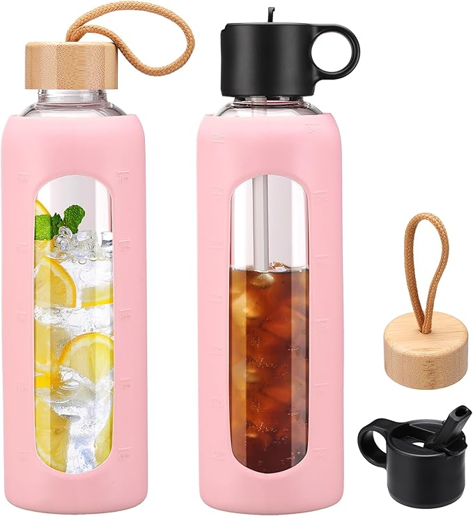 24oz Glass Water Bottle With 2 Lids-Flip Straw Lid, Bamboo Lid, Glass Water Bottle With Silicone Sleeve, Motivational Time Marker, Glass Juice Bottle for Cold Drink,Pink