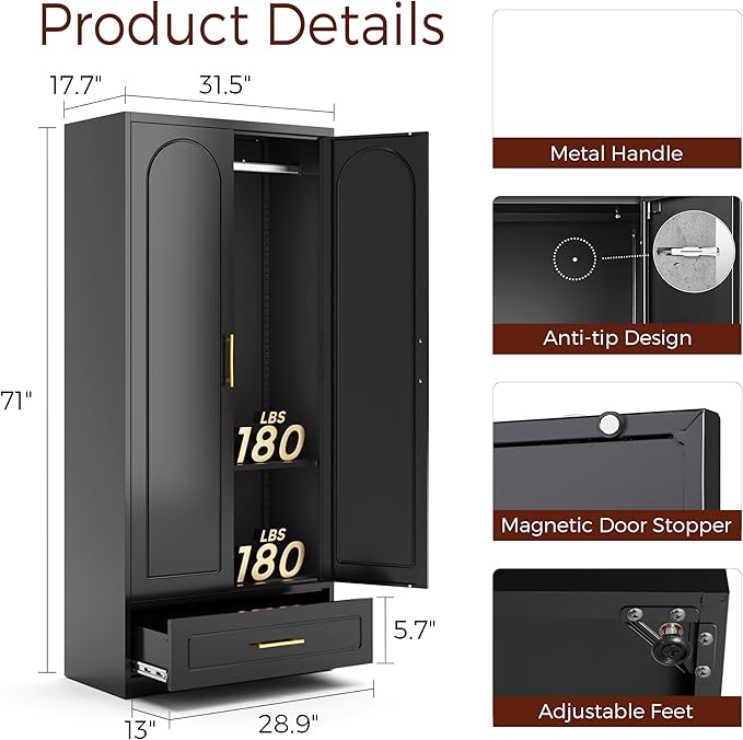 71" Metal Armoire Wardrobe Closet with 2 Doors and Drawer, Tall Wardrobe Cabinet with Hanging Rod and Adjustable Shelves, Black Clothing Storage Cabinets for Bedroom, Home Office