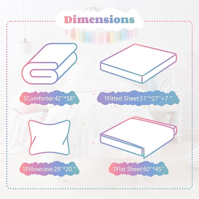 4 Piece White Boho Toddler Bedding Sets for Girls Colorful Pom Pom Comforter Set Jacquard Tufted Dot Crib Bed Sheets Set for Baby Bed in a Bag, Include Comforter, Flat Sheet, Fitted Sheet, Pillowcase