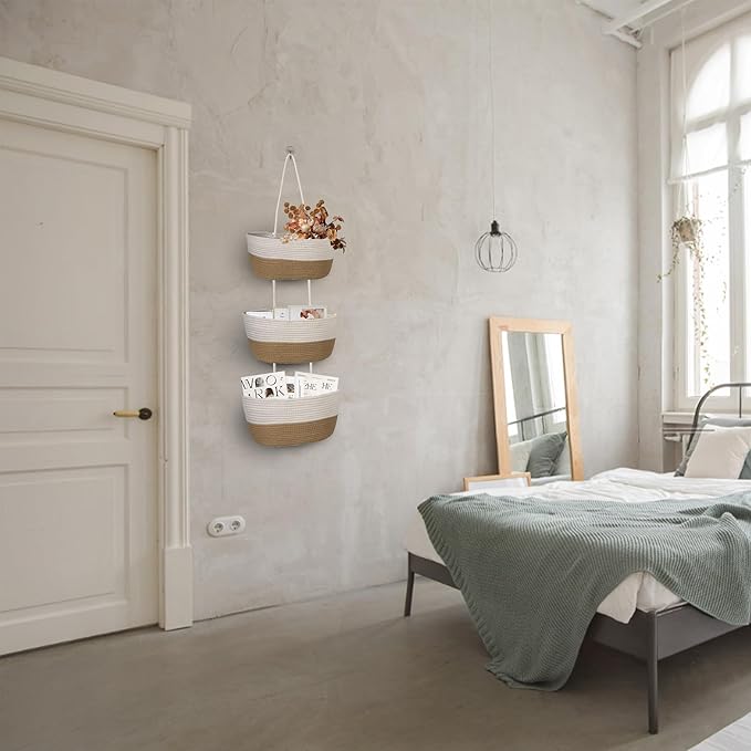 3 Tier Wall Mounted Woven Hanging Basket, Over the Door Hanging Basket with Hooks, Decorative Storage Hanging Closet Removable, Large Wall Basket for Living Room, Bedroom, Kitchen (Gray)