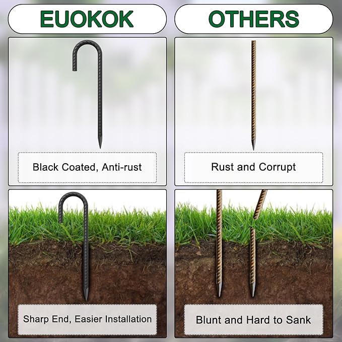 18 Inch Steel J Hook Rebar Ground Stakes 16 Pack 1/2 Inch Diameter Fence Stakes for Wire Fencing with Chisel Point End Metal Tent Stakes Heavy Duty for Outdoor Camping, Black