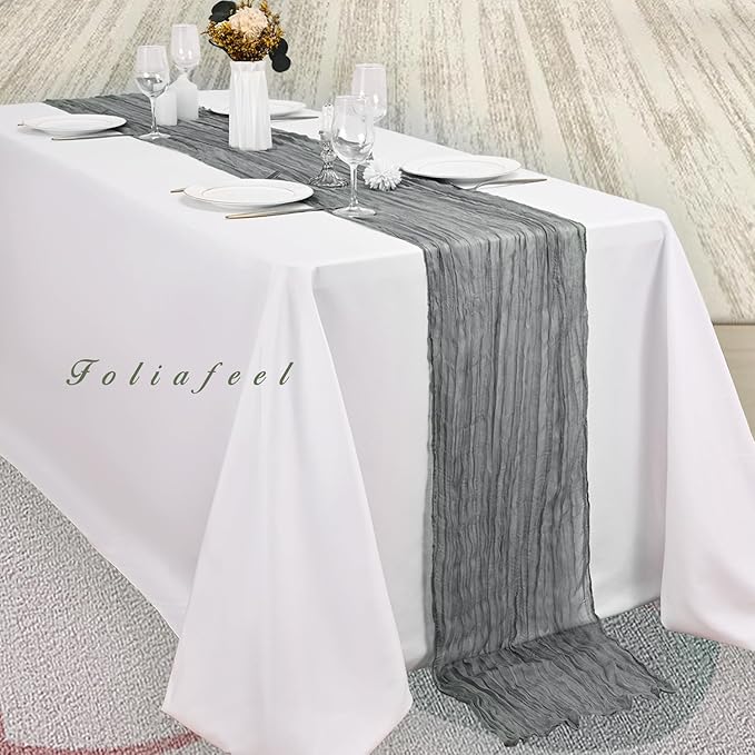 12 Pack Gray 10FT Cheesecloth Table Runner Rustic Gauze Fabric Cheese Cloth Table Runner for Wedding Bridal Baby Shower Table Decor 20 x 120 Inch Long Boho Sheer Birthday Party Table Decorations