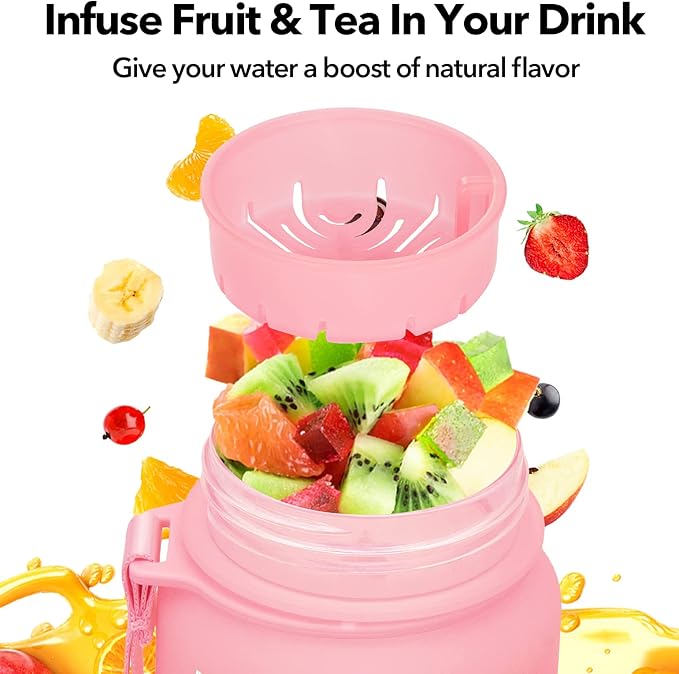 32oz/26oz Motivational Water Bottle with Time Marker & Fruit Strainer, Leak-proof BPA Free Non-Toxic 1l Bottle with Carrying Strap, Perfect for Fitness, Gym and Outdoor Sports, Plastic