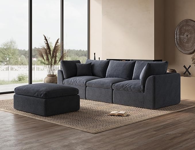 110 Inch Cloud Sectional Couches for Living Room, Convertible L Shaped Couch with Ottoman, 3 Seater Modular Sectional Sofa, Grey