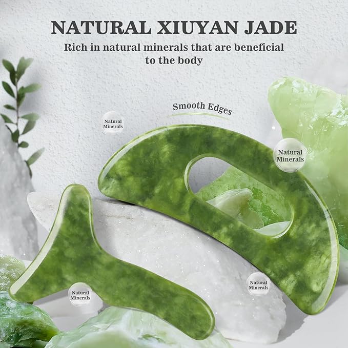 2 in 1 Jade Stone Gua Sha Massage Tool, Large Guasha Muscle Scraper Tools Set with Handle Muscle Scraping Massage Tools Anti Cellulite Spa Acupuncture Tools for Back Neck Leg Lymphatic Drainage