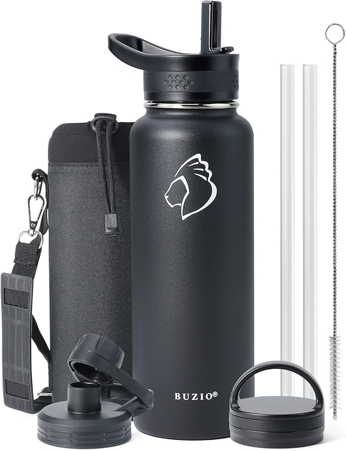 BUZIO Water Bottle with Straw lid, Spout Lid, Hand Lid and Carrying Pouch, 32oz 40oz 64oz Stainless Steel Water Flask Jug, Cold for 48 Hrs Hot for 24 Hrs Double Vacuum Thermo Canteen Mug, BPA-Free