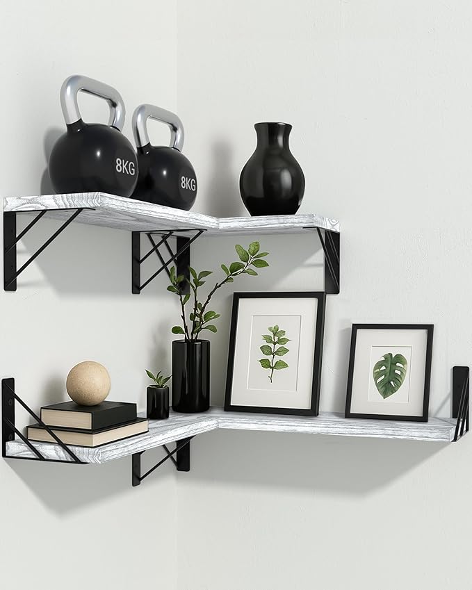 BAYKA Wall Shelves for Bedroom Decor, Floating Wall Shelves for Living Room Kitchen Storage, Wall Mounted Rustic Wood Floating Shelves for Kids Books, Corner Shelf for Bathroom(Gray White，Set of 4)