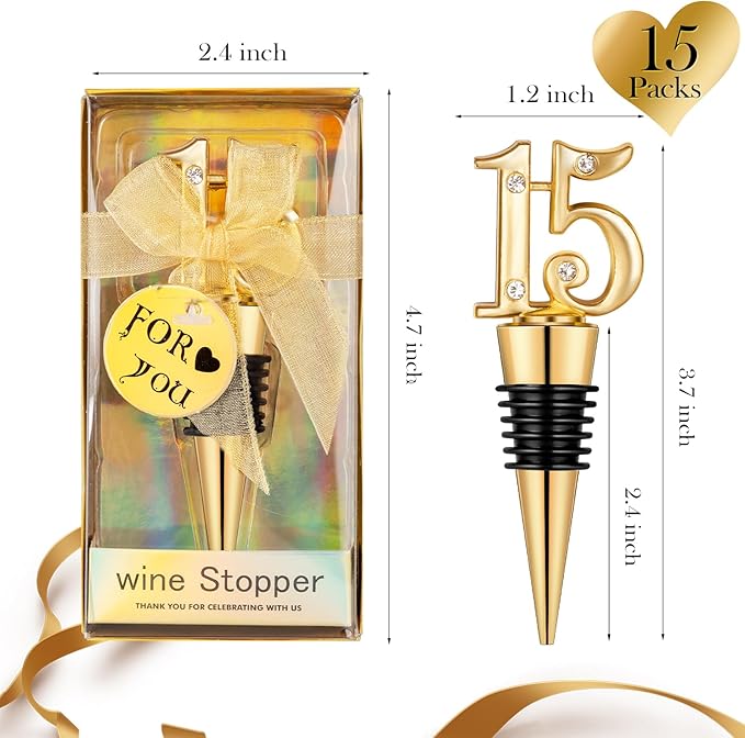 24-Pack 15 Wine Bottle Stopper for 15th Birthday Party Favors, Quinceañera Party Favors - 15 years old Wedding Anniversary Souvenirs or Decorations, Gift for Guests