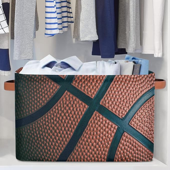 Basketball Storage Basket Collapsible Rectangular Storage Bin Large Fabric Storage Boxes Organizer 1Pc with Leather Handles for Clothes Toys Books Kitchen Laundry