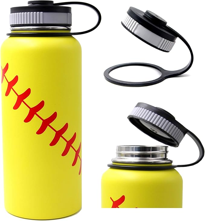 32 oz Softball Water Bottle, Flask Sports with 2 Lids Double Wall Vacuum Insulated Stainless Steel Wide Mouth Hot & Cold Thermo Mug (32oz, Yellow Softball)