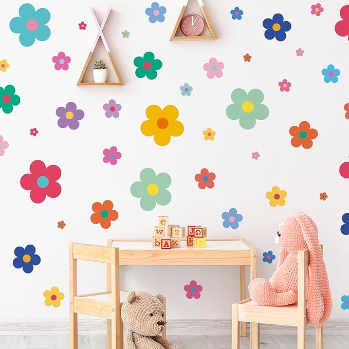 Amaonm 12 Sheets Large Daisy Wall Decals DIY Boho Sunflower Wall Stickers Peel and Stick Colorful ins Daisy Floral Wall Decor for Nursery Little Girls Teens Bedroom Living Room (8 Sheets of 48pcs)