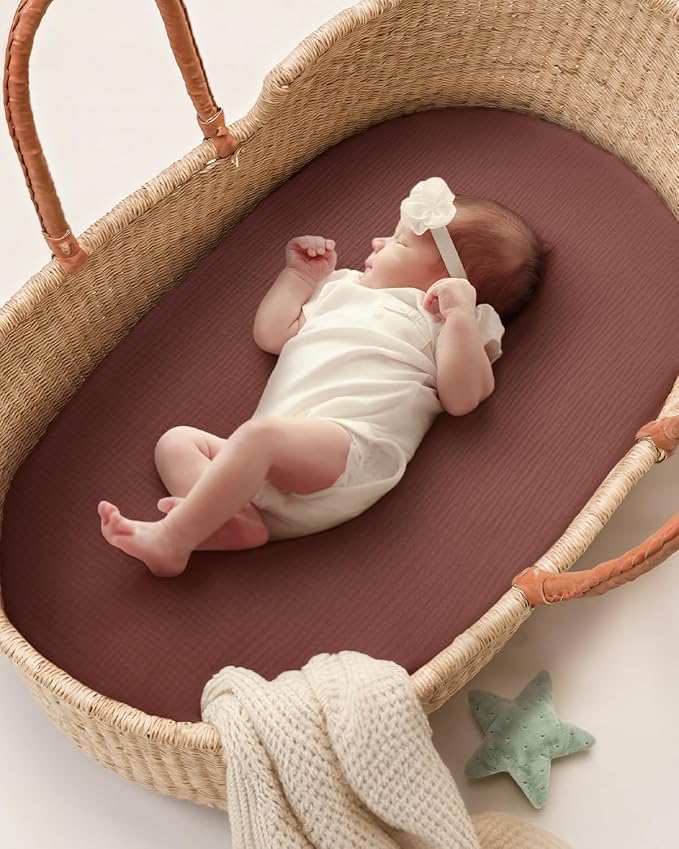 Blissful Diary Muslin Bassinet Sheets for Baby Girls Boys, Boho Soft Cotton Fitted for Oval Hourglass Rectangle Mattress, 2 Pack(Rainbow&Cedar)