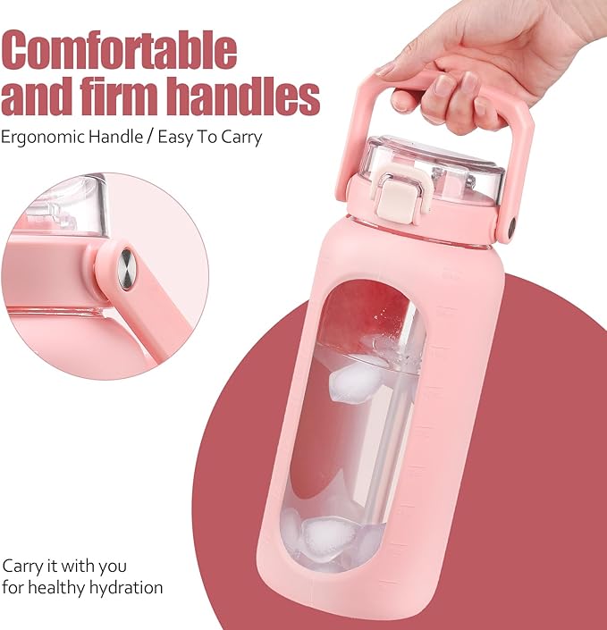 BLUEGO 64 oz Glass Water Bottle, Drinking Water Bottle with Handle and Straw, Half Gallon Motivational Water Bottle with Silicone Sleeve and Time Marker, Sports Water Bottle, BPA Free Pink