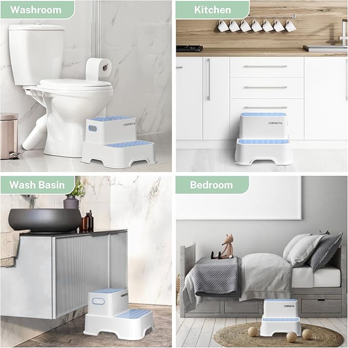 2 Step Stools for Kids,Toddler Step Stool for Bathroom Sink,No-Slip Double up Step Stool for Toddlers Bathroom, Multifunctional Toilet Step Stool for Kids,Toilet Potty Training(2 Packs)（Blue）