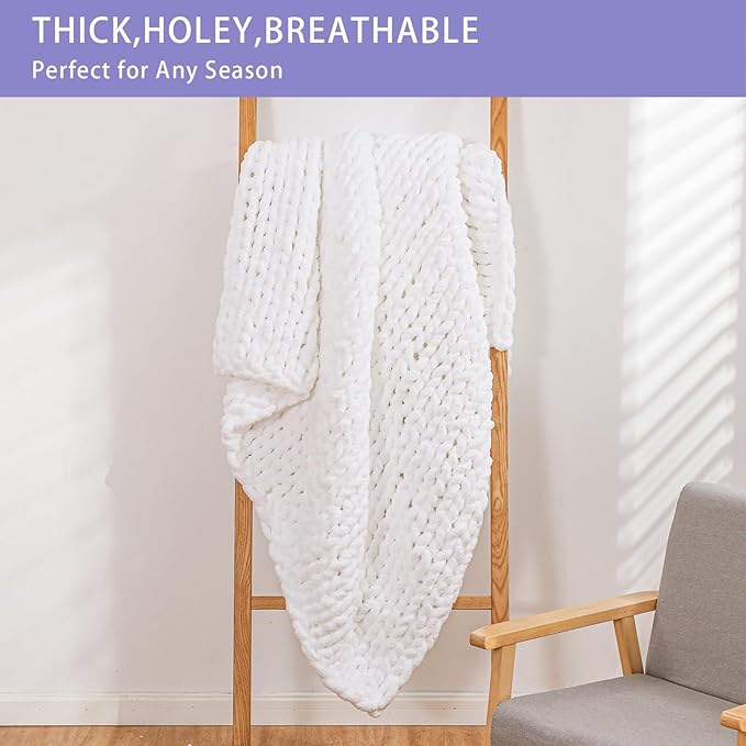 Bigacogo Chunky Knit Throw Blanket for Couch, 40x40 inches, 100% Hand Knitted with Thick Jumbo Chenille Yarn, Cozy Soft Large Rope Knot Cable Crochet Blankets for Sofa Bed Living Room, White