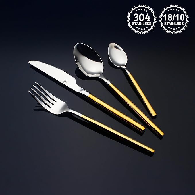 24 Piece Silverware Set For 6 Gold Handle Heavy duty 18/10 Stainless Steel Flatware Set Modern Design Knife/Fork/Spoon Mirror Polished Dishwasher Safe Cutlery Set with Gifts