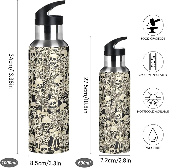 ALAZA Gothic Skull Skeleton Water Bottle With Straw Lids Boys Girls,Vacuum Insulated Leakproof Stainless-Steel Sports Bottle Thermal Flask For Gym Yoga Camping,20Oz (600Ml)