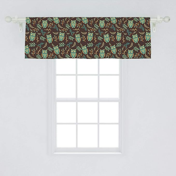 Ambesonne Owl Print Window Valance, Night Birds Leaves Berries Warm Autumn Colors Cartoon, Curtain Valance for Kitchen Bedroom Decor with Rod Pocket, 54" X 18", Brown Green