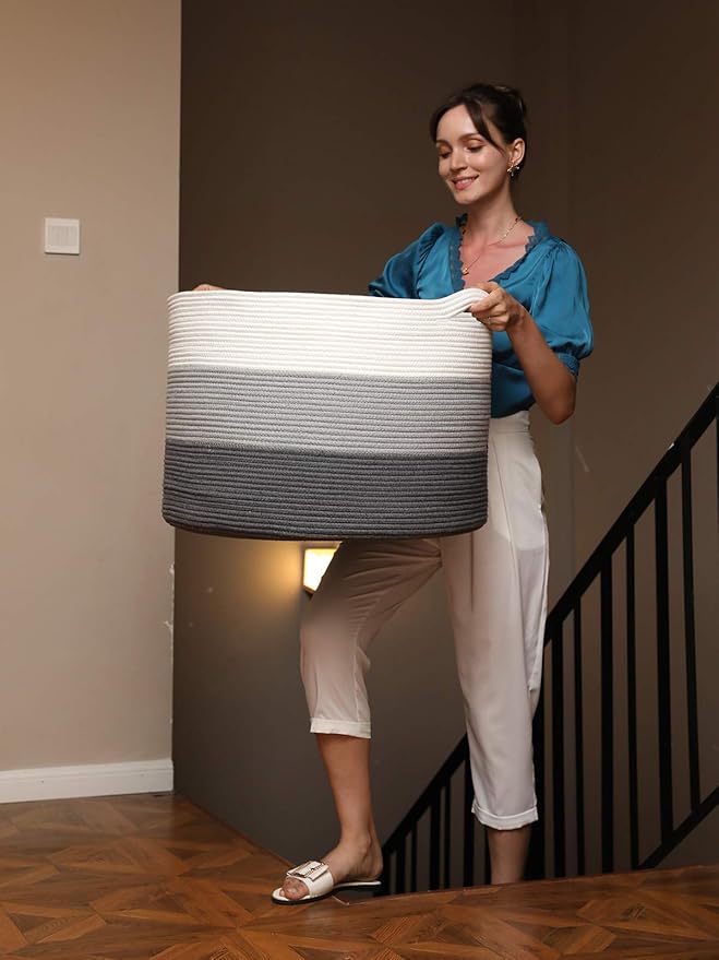 24" x 24" x 17" Max Size Large Cotton Rope Basket, Extra Large Storage Basket, Woven Laundry Hamper, Cloth Storage Bin, for Blankets Clothes Towels Pillows in Living Room, Grey/Dark Grey