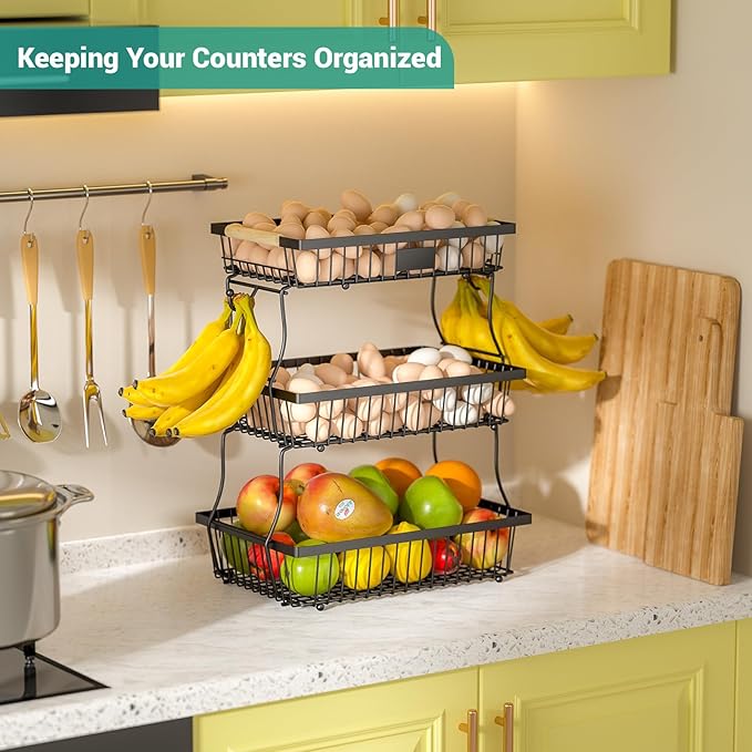 3 Tier Fruit Basket for Kitchen Counter with 2 Banana Hangers, Countertop Metal Fruit Bowl with Wooden Handle, Large Storage Stand for Vegetables, Snacks, Breads, Produce Storage – Black
