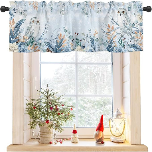Blue Christmas Valance Curtains for Kitchen Windows Winter Snowy Owl Poinsettia Eucalyptus Leaves Rod Pocket Window Treatment Toppers for Kitchen/Living Room/Bedroom/Bathroom, 42" X 12",