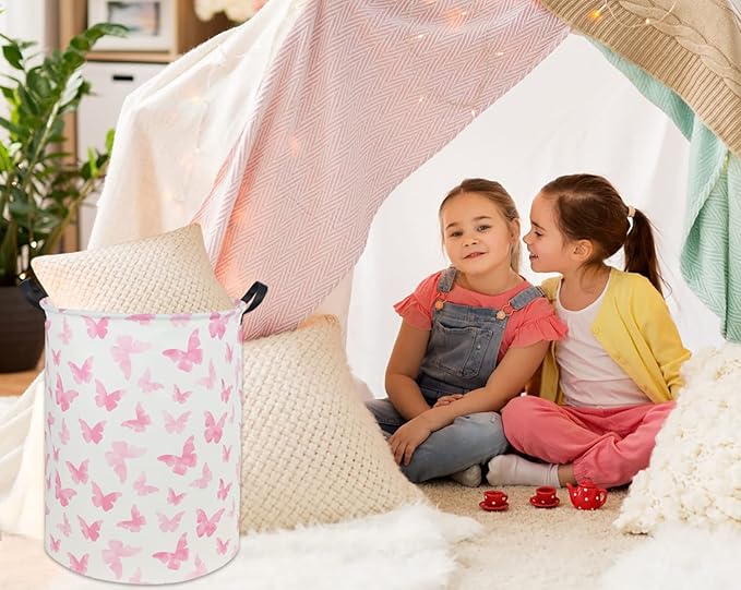 Butterfly Pink Laundry Hamper Girls Laundry Hamper Baby Laundry Basket Cute Toy Storage Bin Kids Hamper Butterfly Room Decor(Pink Butterfly)