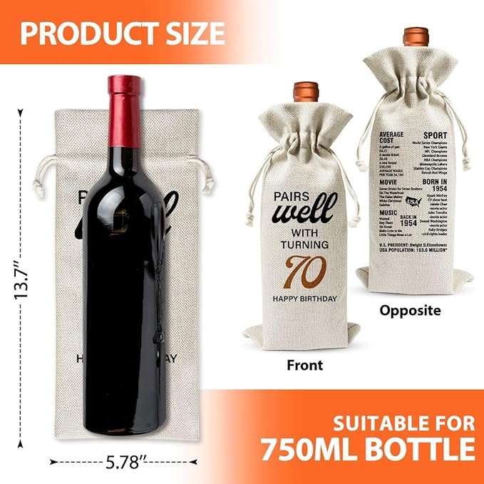70th Birthday Wine Gift Bag For Mom Dad Women Men Her Him Grandfather Grandmother, 1954 Birthday Gift, 70th Birthday Party Supply Favors, 70th Anniversary Wine Bag, Reusable Linen Wine Bag Gift