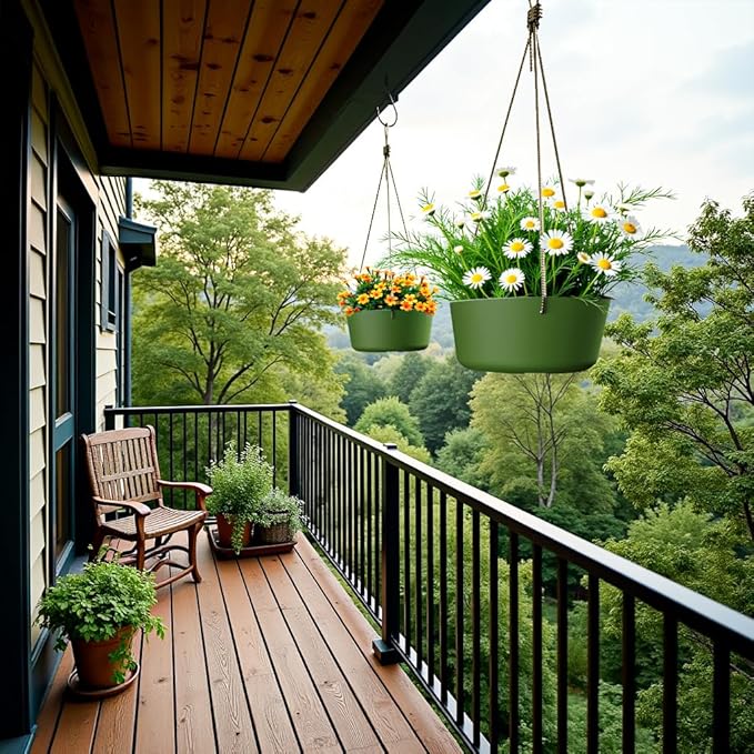 10.7 Inch Hanging Planter for Outdoor Indoor Plants，2 Pack Hanging Flower Pots with Drain Holes for Garden Home Decor Use (Dark Green)