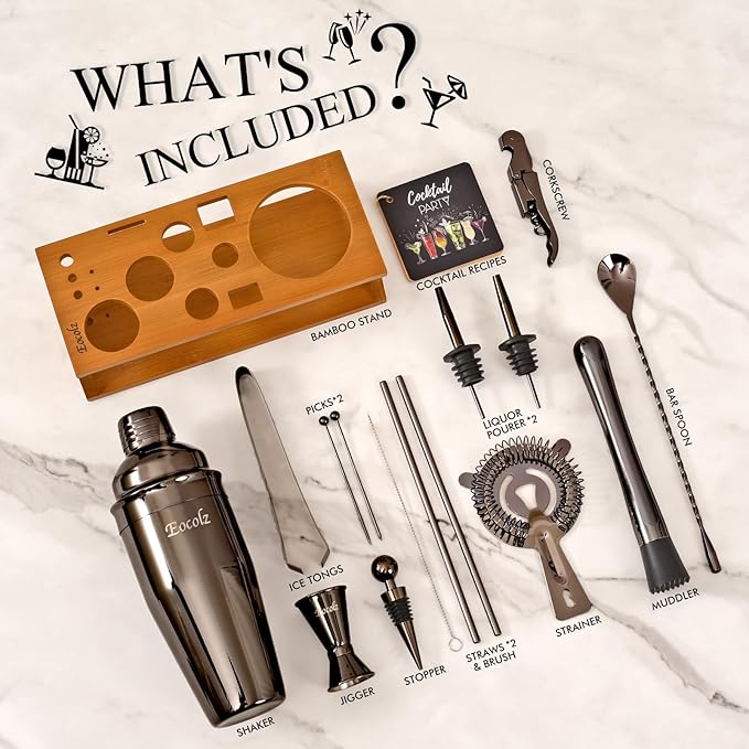 Bartender Kit Cocktail Shaker Set with Stand Bar Tool Bar Set for Drink Mixing Home Bartending Kit 17-Piece Bar Cart Accessories: Martini Shaker, Mixer Spoon, Jigger, Muddler, Strainer & Recipes Gifts
